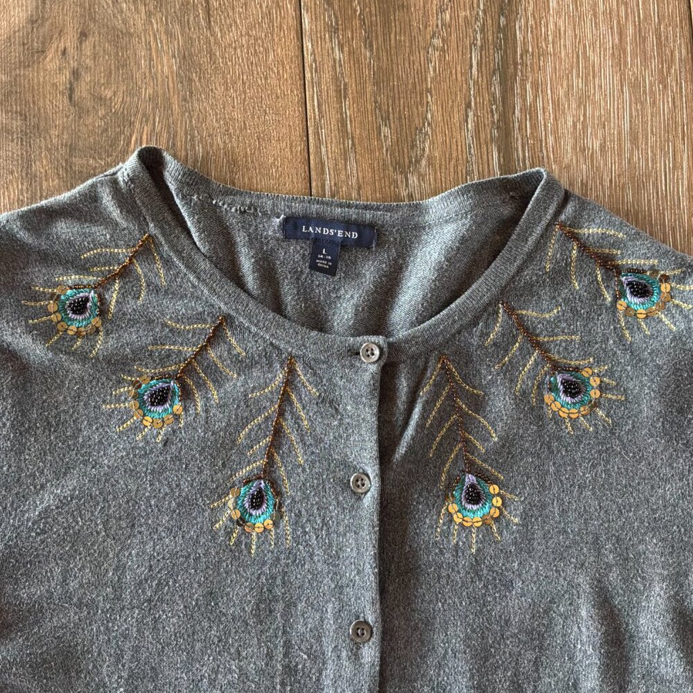 Lands End women's embroidered beaded gray cardigan cotton/cashmere size Large - Picture 5 of 12